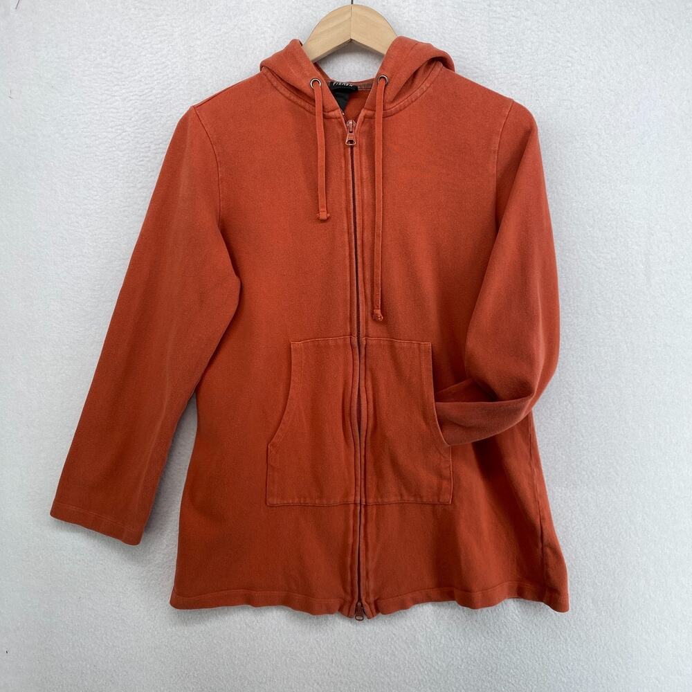 EILEEN FISHER Hoodie L Heavy Brushed Jersey Organic Cotton 2 Way Zip Orange